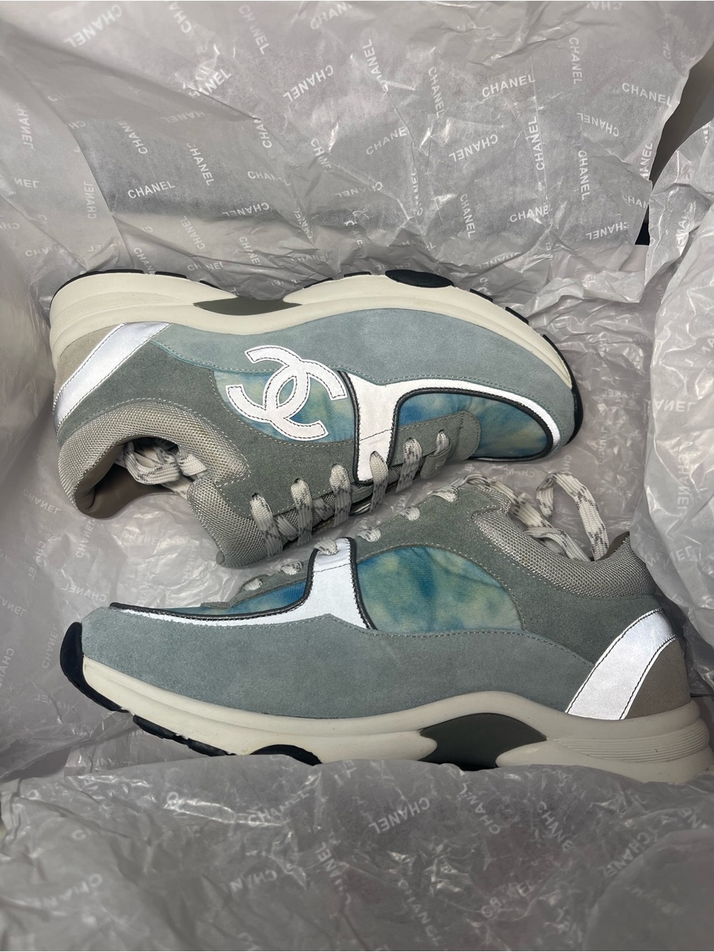 Chanel Fabric And Suede Calfskin Blue And Gray Sneakers G34360 Size Women's 39